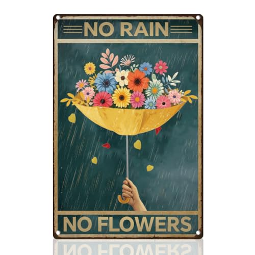 DOODLREAM Regenschirm Blechschild No Rain No Flowers Retro Metall Wanddekoration 20 x 30 cm Vintage Blumen Regenschirm Wandkunst Poster für Zuhause Cafés Garten Männerhöhle Clubs Dekoration Geschenk von DOODLREAM