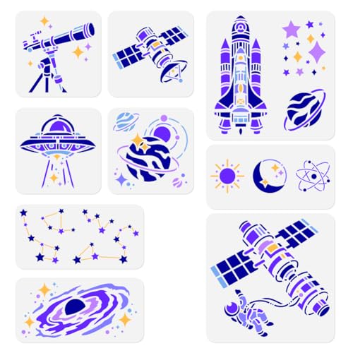 9 Packung Bastelschablone Zum Malen Mit Weltraum Universum Planeten Wiederverwendbare Schablone Aus Kunststoff Luftfahrtmotiv Zum Malen Auf Wand Holz Leinwand DIY Heimdekor Bastelschablone von DOODLREAM