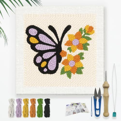 DOODLREAM Schmetterling Auf Blumen DIY Punch Needle Stickset für Erwachsene und Anfänger 24cm Punch Stitching Bastelset für Anfänger mit Rahmen Stoffmuster Einfädler Garn Lochnadel DOODLREAM Schmetterling Auf Blumen DIY Punch Needle Stickset für Erwachsene und Anfänger 24cm Punch Stitching Bastelset für Anfänger mit Rahmen Stoffmuster Einfädler Garn Lochnadel von DOODLREAM