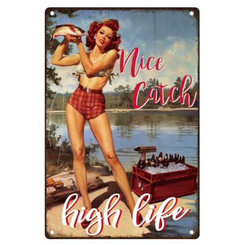DOODLREAM Wanddeko Vintage Schöner Fang Fischerin Dame Bier Blechschild Retro Poster für Papa Geschenke, Männerhöhle Garage Home Wanddeko 20 x 30cm von DOODLREAM