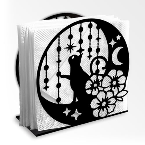 Doodlream Mondkatze Dekorativer Serviettenhalter Aus Schwarzem Metall Für Den Tisch Serviettenhalter Im Stehen Mit Katze Und Blume Für Zuhause Küche Restaurant Picknick Party Kaffeebar Esszimmer von DOODLREAM