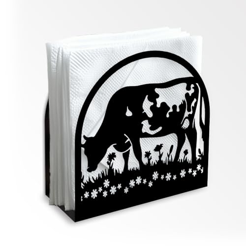 Doodlream Serviettenhalter Mit Kuh Motiv Grasfressend Dekorativ Metall Schwarz Serviettenhalter Stehend 12 x 12 x 5cm Für Zuhause Küche Restaurant Picknick Party Kaffeebar Esszimmer von DOODLREAM