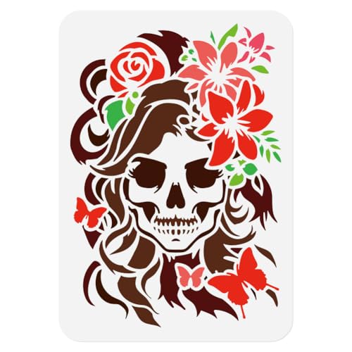 Schablone Für Tagebuch Totenkopf Dame Mit Blumen Auf Dem Kopf Zum Malen 1 Stück 29.7 x 21cm Wiederverwendbare Kunststoffschablone Totenkopf Frau Halloween Malvorlage DIY Bastelkunst Schablonen von DOODLREAM