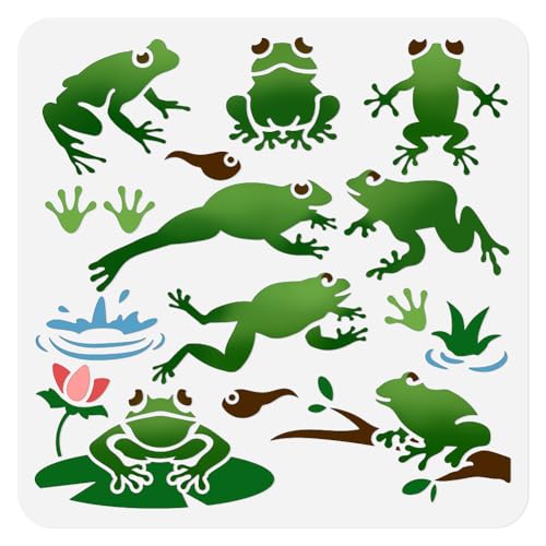 Springender Frosch Schablone Malen 30 × 30cm Wiederverwendbare Zeichenschablone Aus Kunststoff Kaulquappentiere Sommer DIY Handwerk Farbe Vorlage Wand Home Decor Holz Brennen Karte Journal von DOODLREAM