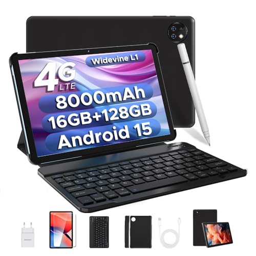 DOOGEE T10W Android 15 Tablet 10 Zoll, Tablet mit SIM Card Slot, 16GB RAM +128GB ROM (2TB TF), 8000mAh, HD Display, Tablets mit Tastatur und Stift, Maus, Hülle, 4G LTE/WiFi 5/OTG/Widevine L1/Face ID von DOOGEE