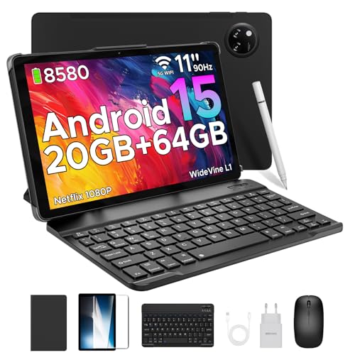 DOOGEE Tab A9+ Android 15 Tablet 11 Zoll, T7200 Octa Core 8580mAh, 20GB RAM+64GB ROM(TF 2TB), 90Hz, 13MP + 5MP Gaming Tablets mit Tastatur, Stift, Maus, Hülle, WiFi 5/WidevineL1/Face ID/OTG, Schwarz von DOOGEE