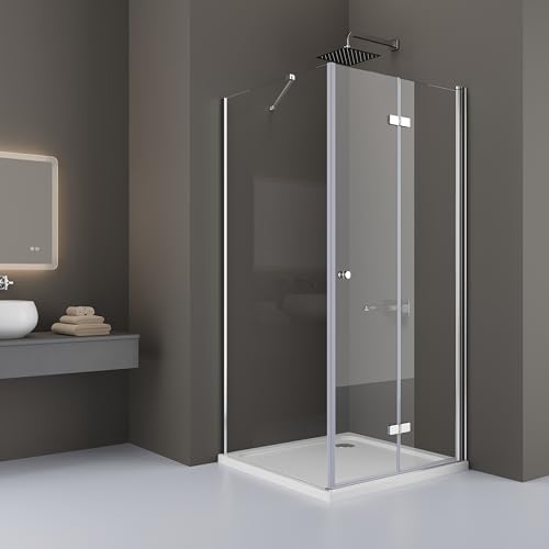 DOOLEEWEE 80 x 80 cm Eckeinstieg Duschkabine Falttür Duschtür mit Seitenwand Duschwand Duschabtrennung Glas aus 6mm ESG,80x80(Seitenwand) x185cm/mit duschwannen von DOOLEEWEE