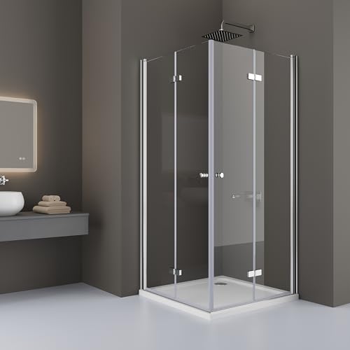 DOOLEEWEE Duschkabine Eckeinstieg Dusche Falttür 180° Duschwand Duschabtrennung 6mm Gehärtetes Glas (100x100x185cm/mit Duschwanne) von DOOLEEWEE