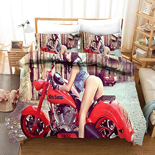 DOORWD Sexy Frau mit rotem Motorrad 3D Bettbezug 100% Mikrofaser 135x200cm 3-teilig Bettwäsche-Sets Enthält 2 Kissen 80x80cm Geeignet für Kinder und Erwachsene von DOORWD
