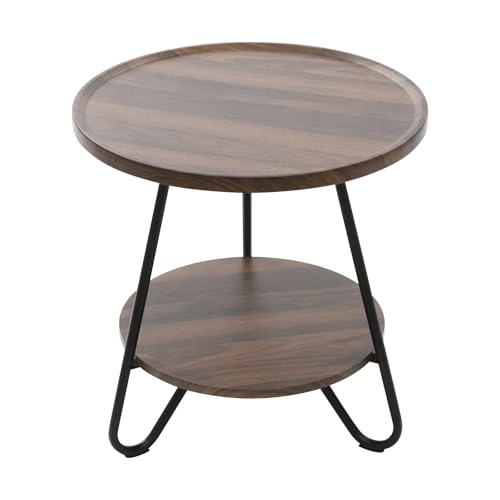 DOPBENT Beistelltisch Rund Holz, Beistelltische fürs Wohnzimmer Couchtisch Klein mit 2 Ablage Wohnzimmertisch für Couch Sofa (Nussbaum) von DOPBENT