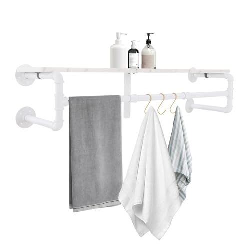 DOPBENT Wandgarderobe mit Ablage, Wandregal mit 3 abnehmbaren Haken, Hängeregal mit Kleiderstange, Kleiderständer Wand für Eingang, Flur, Schlafzimmer, Wohnzimmer (Weiß) von DOPBENT