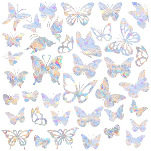 DOPENSPI 38 Stück Schmetterling Suncatcher Sticker, Fensteraufkleber Vogelschutz Prisma Fensteraufkleber Vogelschutz Fenster Regenbogen Fenster Sticker für Glasscheiben(Schmetterling) von DOPENSPI