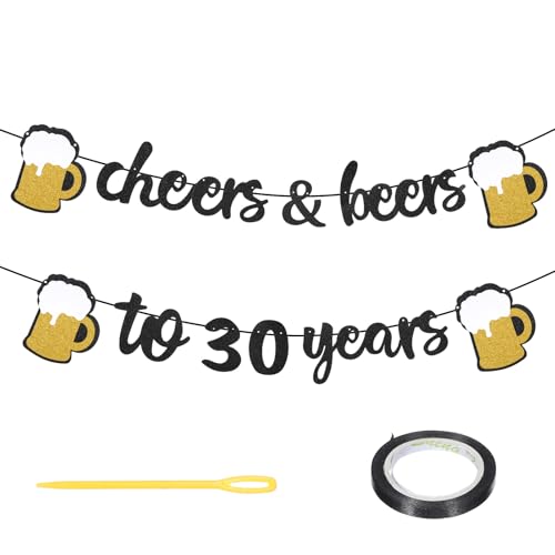 DOPENSPI Deko 30 Geburtstag Männer Frauen, Glitzerbanner Cheers&Beers to 30 Years Girlande Schwarz Gold Deko 30. Geburtstag Happy Birthday Banner von DOPENSPI