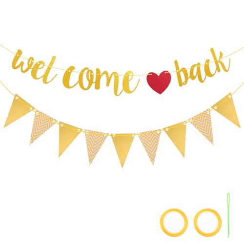 DOPENSPI Welcome Back Girlande mit Wimpel, Gold Willkommen Zurück Girlande Glitzer Welcome Home Deko Herzlich Willkommen Girlandes für Klassenzimmer Schule Saison Familie Partei Dekoration(Gold) von DOPENSPI