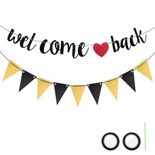 DOPENSPI Welcome Back Girlande mit Wimpel, Schwarz Willkommen Zurück Girlande Glitzer Welcome Home Deko Herzlich Willkommen Girlandes für Klassenzimmer Schule Saison Familie Partei Dekoration(Schwarz) von DOPENSPI