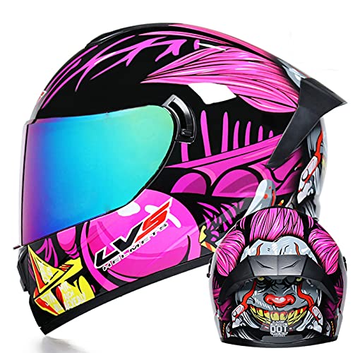 Herren und Damen Integralhelm Motorrad DOT Approved Motorrad Moped Street Bike Racing Sturzhelm, Herren und Damen mit grafischer Anti-Fog Doppel-Sonnenblende,Pink clown c,M 57~58cm von DOPORA