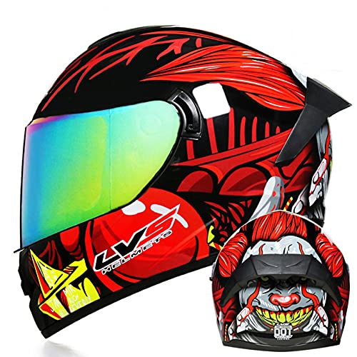 Herren und Damen Integralhelm Motorrad DOT Approved Motorrad Moped Street Bike Racing Sturzhelm, Herren und Damen mit grafischer Anti-Fog Doppel-Sonnenblende,Red clown b,L 59~60cm von DOPORA