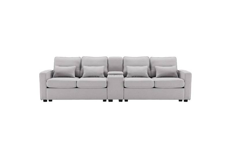 DOPWii 4-Sitzer 4 Sitzer Sofa aus Leinenstoff mit Konsole,Armlehnentaschen,4 Kissen, 2 Getränkehaltern,2 USB Anschlüssen zum Aufladen mit Kabel von DOPWii
