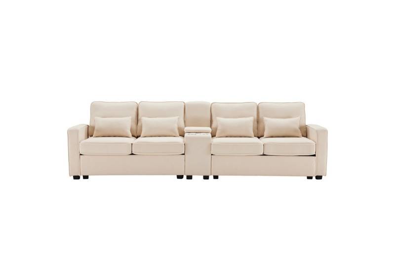 DOPWii 4-Sitzer 4 Sitzer Sofa aus Leinenstoff mit Konsole,Armlehnentaschen,4 Kissen, 2 Getränkehaltern,2 USB Anschlüssen zum Aufladen mit Kabel von DOPWii