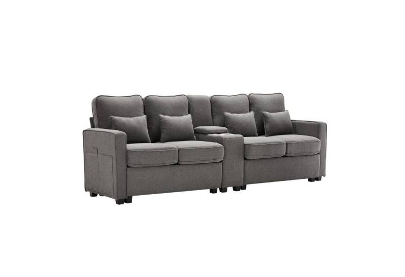 DOPWii 4-Sitzer 4 Sitzer Sofa aus Leinenstoff mit Konsole,Armlehnentaschen,4 Kissen, 2 Getränkehaltern,2 USB Anschlüssen zum Aufladen mit Kabel von DOPWii