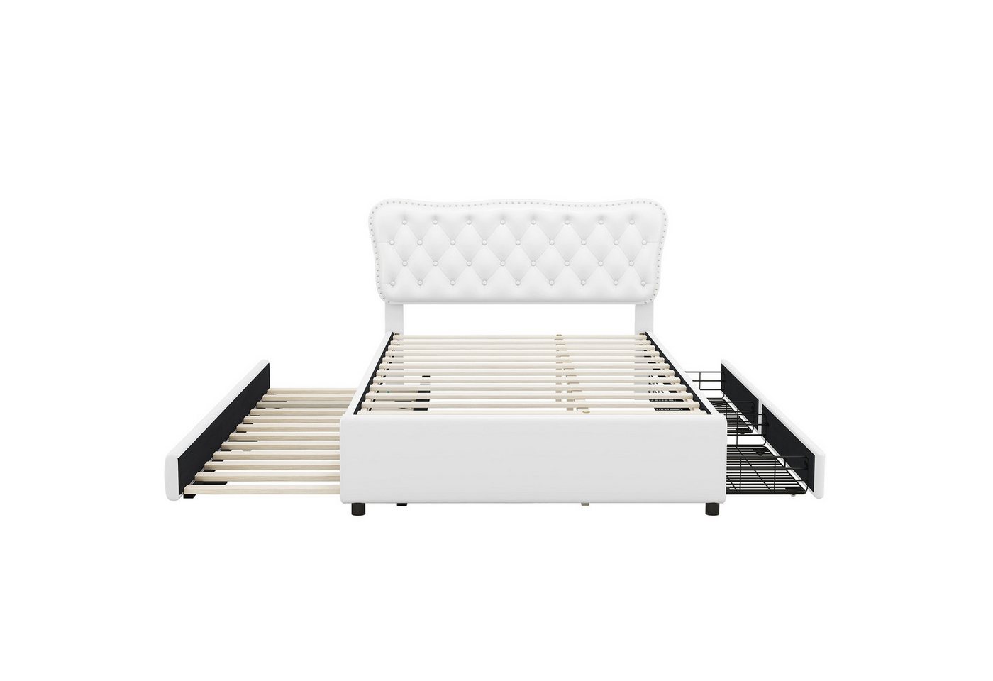 DOPWii Bett 140*200cm (90*190cm)Doppelbett,Podestbett mit Rollbett,2 Schubladen,PU, Weiß/Beige von DOPWii