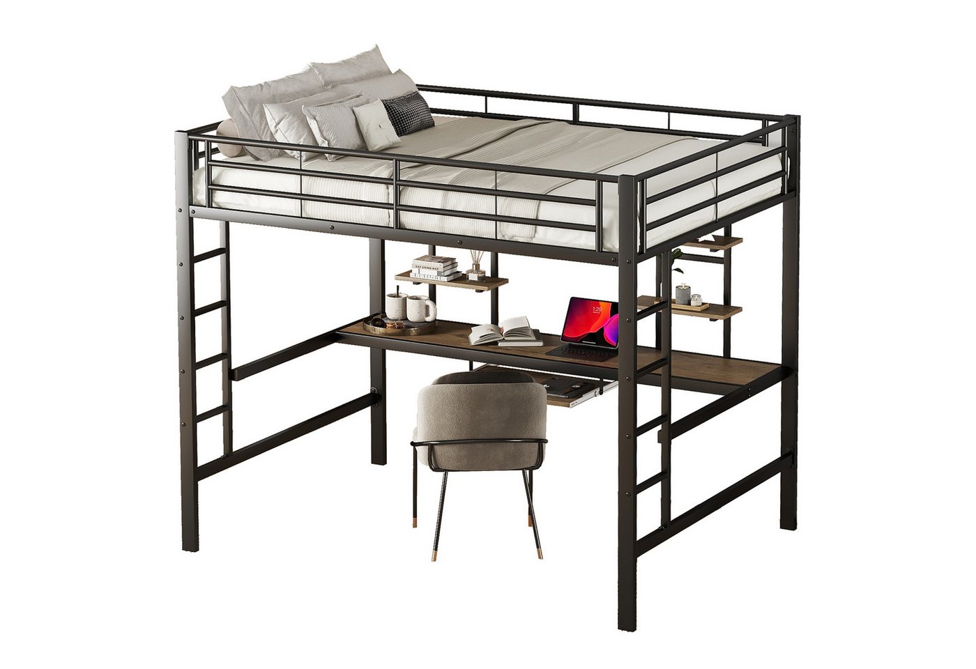 DOPWii Bett 140x200cm Bettgestell Metallbett,Eisenbett,Hochbett mit Schreibtisch, 2 Bücherregalen,Jugendbett,Kinderbett,schwarz, Jugendbett, Etagenbett von DOPWii