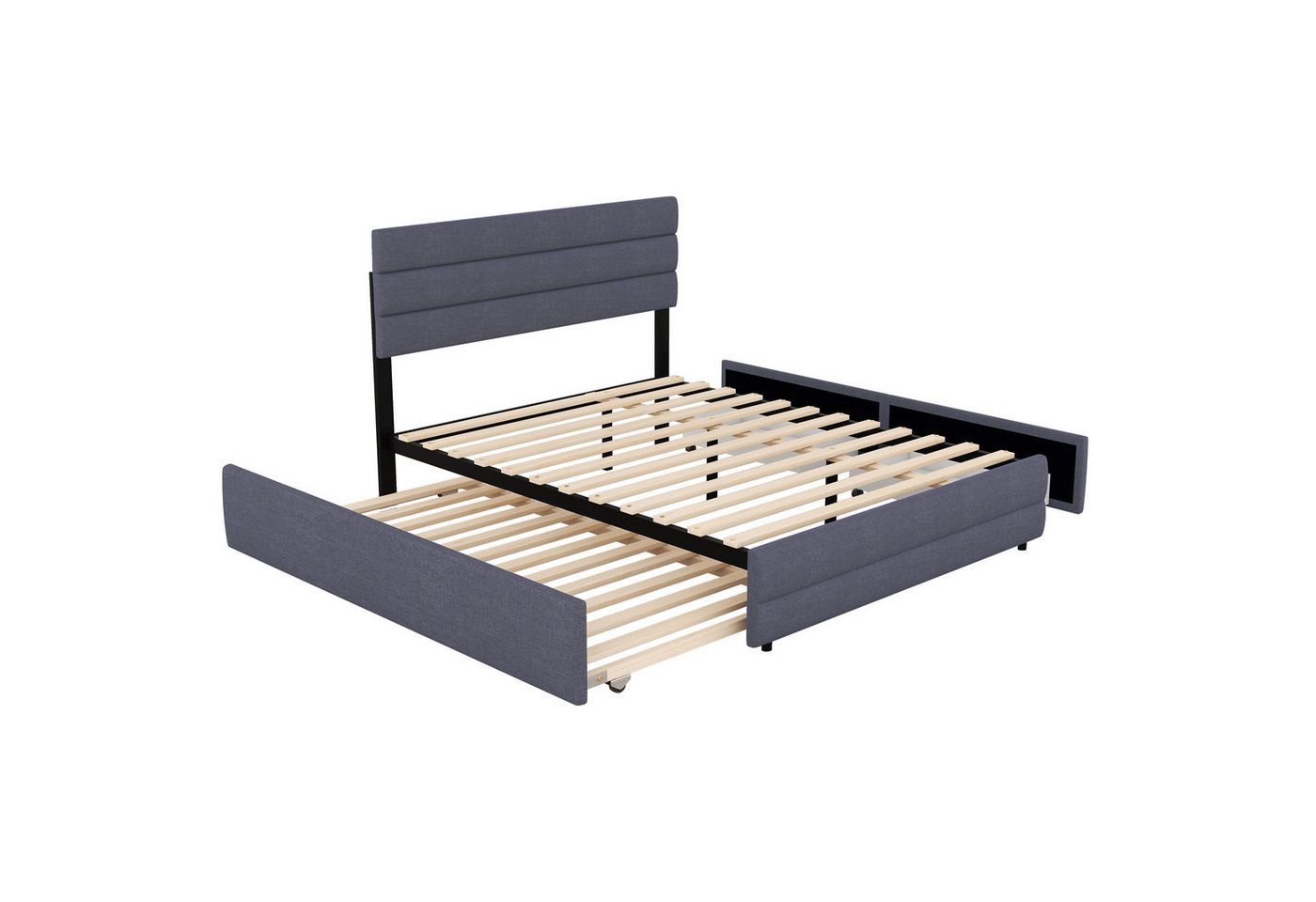 DOPWii Bett 140x200cm Plattformbett mit Räummaschine für 2 Personen,2 Schubladen, Plattformbett,Beige/Grau/Grün von DOPWii