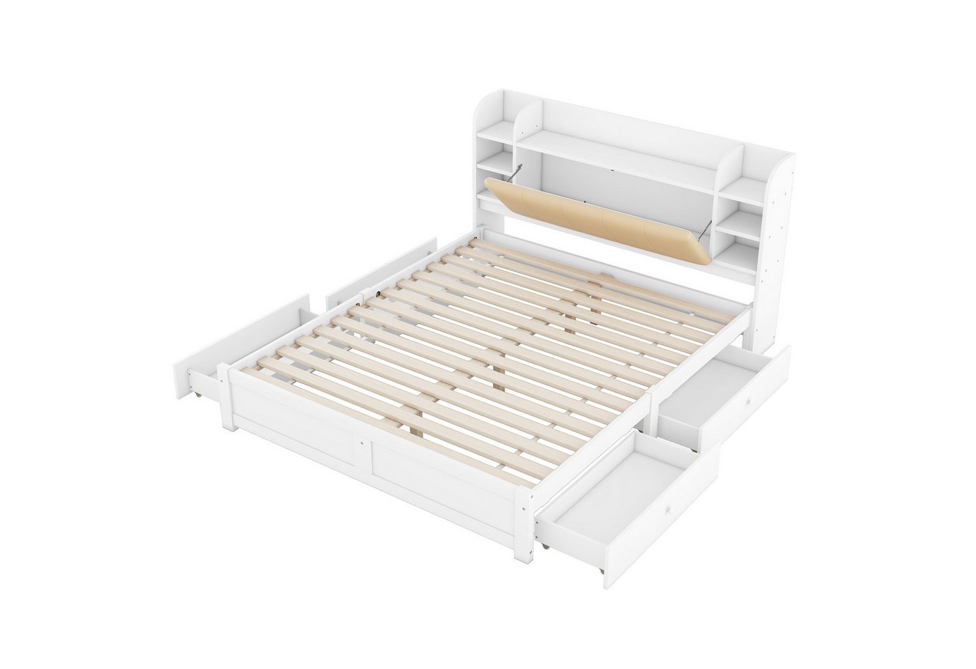DOPWii Bett 180*200 cm Flachbett,Teilweise aufklappbares Kopfteil,Vier Schubladen,Mehrere Staufächer,Weiß von DOPWii