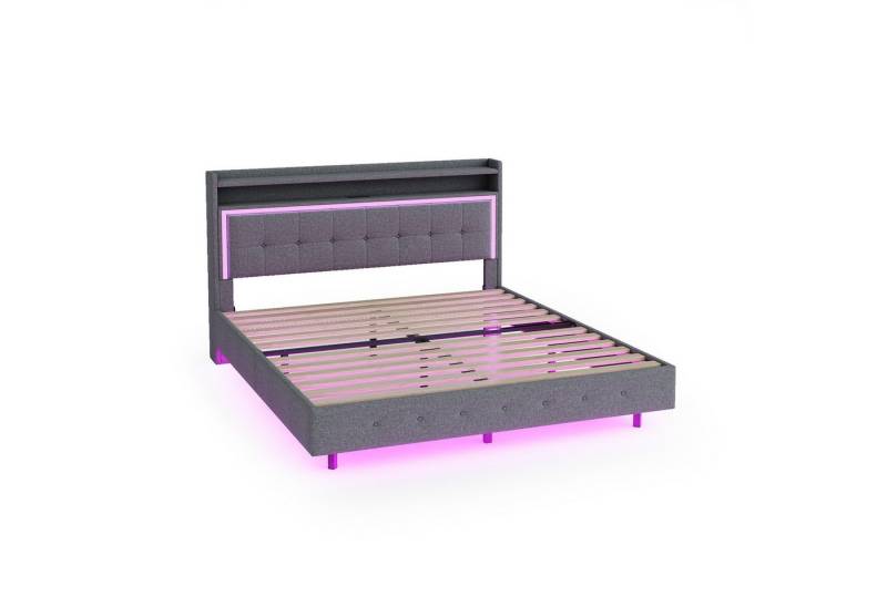 DOPWii Bett Bettgestell,Polsterbett 140x200cm,mit LED-Beleuchtung & USB-Steckdose (Bettgestell x 1, Ohne Matratze), Kopfteil mit Ablage, modernes Design mit verstecktem Fuß von DOPWii