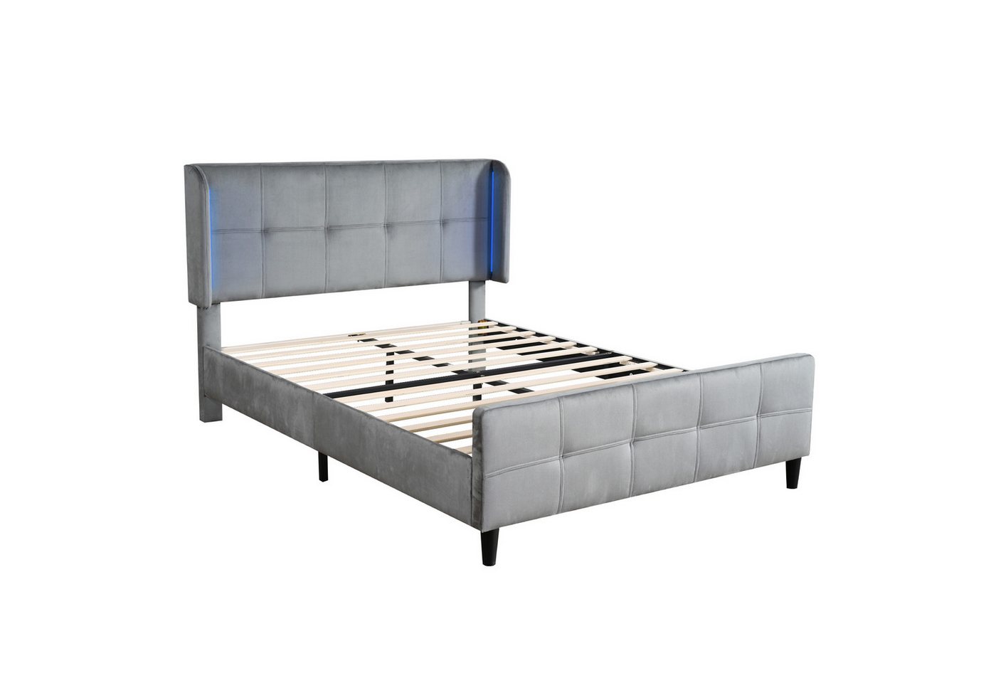 DOPWii Bett Doppelbett mit 16-farbiger Leisten,Bettkopf in 3 Höhen Verstellbar, 140x200cm,Samt,Gesteppte Kopf- und Fußteil,Metallkiel,Polsterbett,Grau von DOPWii