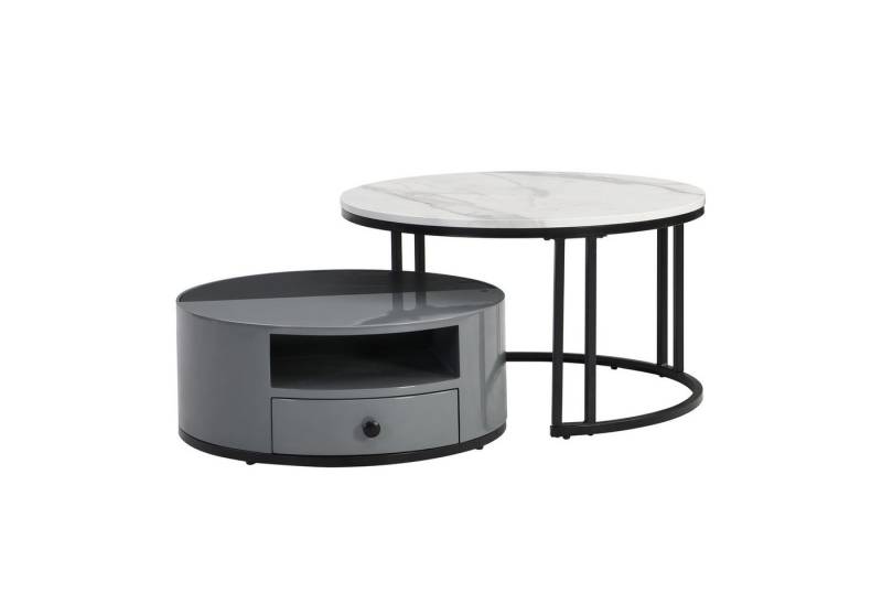 DOPWii Couchtisch Zweiteiliger Nesting Couchtisch,PVC-Marmor-Look und Aufbewahrung, Hochglanzfässer,Kaffetisch,Coffee Table,Rund Ø70cm von DOPWii