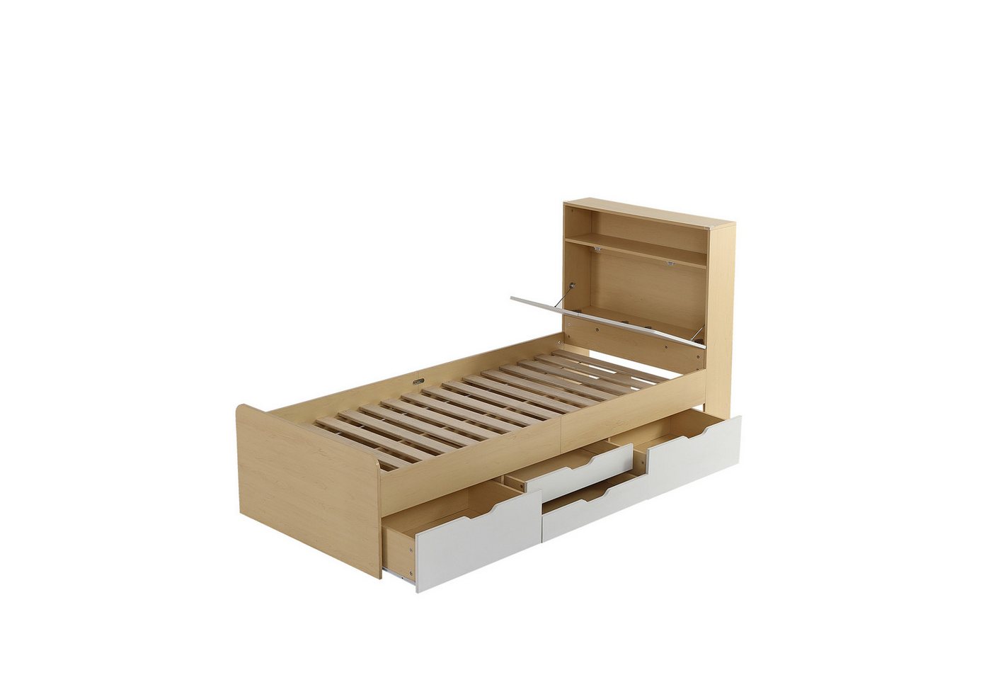 DOPWii Einzelbett 90x200cm Paneelbett mit 4 Schubladen,Kopfteil mit Klappenablage, Ecken mit Stoßschutz,MDF + Spanplatte,Einzelbett,Jugendbett von DOPWii