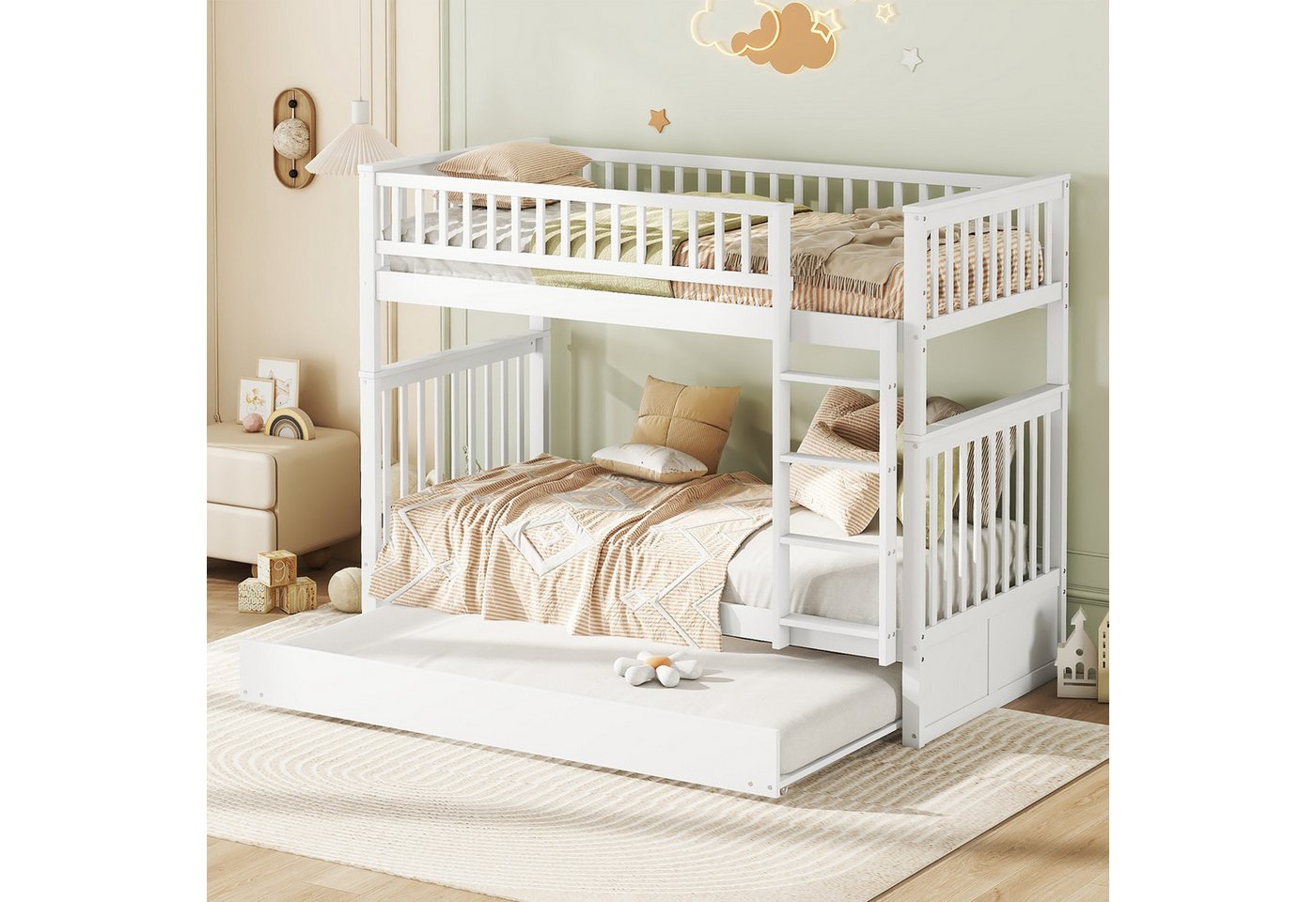 DOPWii Etagenbett 90*200cm Kinderbetten Dreierbetten Etagenbetten, mit Ausziehbett Hohe Geländer Stabile Treppe von DOPWii