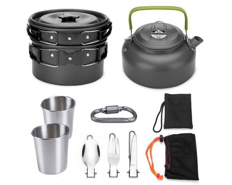 DOPWii Geschirr-Set Camping-Kochgeschirr-Besteck-Set, leichte Töpfe und Wasserkocher, mit 2 Tassen, Gabel- und Löffel-Set aus Edelstahl, tragbar. von DOPWii