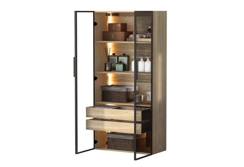 DOPWii Glasvitrine Badezimmerschrank, mittel, mit Lichtleiste, 73 cm breit,Glastür (1-St) mit 2 großen Schubladen und 2 Türen,Vitrine,Wandschrank von DOPWii