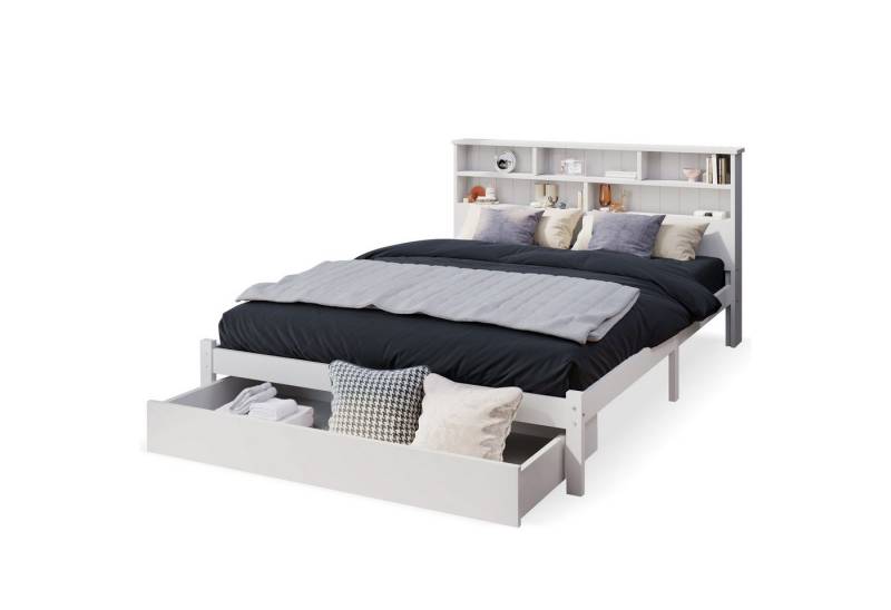 DOPWii Holzbett 140x200cm Massivholz Doppelbett mit Schubladen und Lattenrost, (Massivholz Doppelbett *1,140x200cm Weiß), Bücherregal Jugendliche und Erwachsene Kinderbett, Weiß von DOPWii