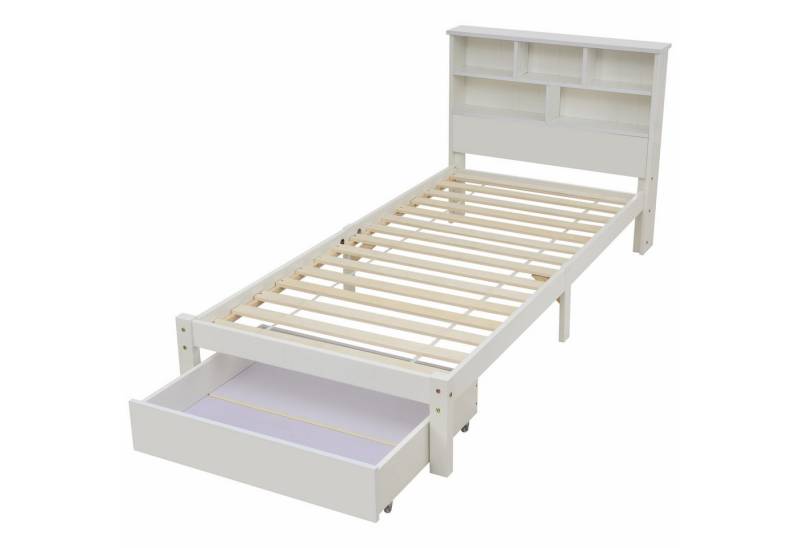 DOPWii Holzbett 90x200cm Massivholz Einzelbett mit Schubladen und Lattenrost, (90x200cm Massivholz Weiß *1), Bücherregal Jugendliche und Erwachsene Kinderbett, Weiß von DOPWii
