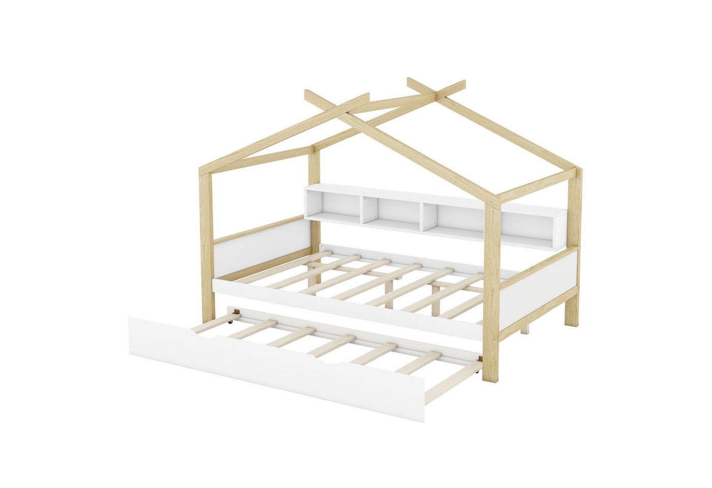 DOPWii Jugendbett 140*200cm Hausbett,Ausgestattet mit Ausziehbett,Vier Staufächern, Kinderbett,weiß von DOPWii