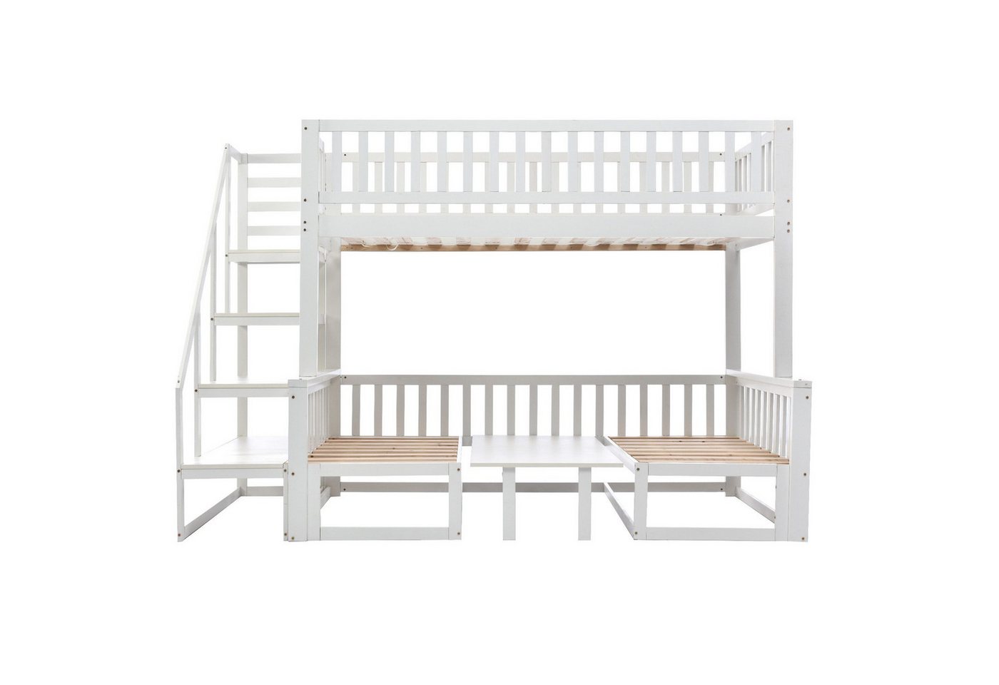 DOPWii Jugendbett Etagenbett mit Treppe,Verstellbarem Tisch,Holzsofa,Kinderbett, Robustes Kieferholzgestell,Weiß,90x200cm&120*200cm von DOPWii