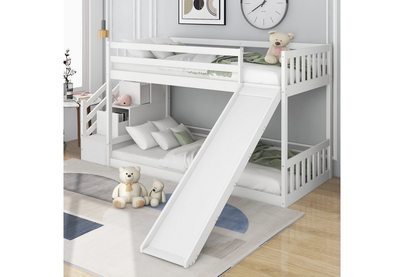 DOPWii Kinderbett 90x200cm,Etagenbett mit Rutsche,Treppe,mit 2 Schubladen in der Treppe,Rahmen aus massivem Kiefernholz,Kinderbett,Weiß von DOPWii