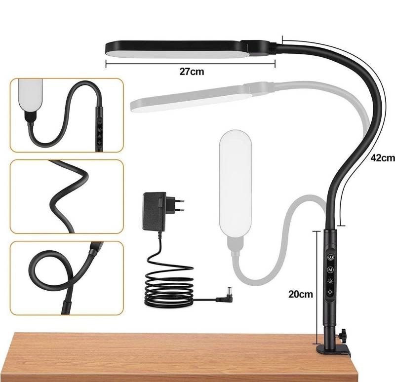DOPWii Klemmleuchte LED Schreibtischlampe, 116 LEDs Klemmlampe,5 Farbtemperaturen, LED fest integriert, 9 Helligkeitsstufen, Augenschutz Leselampe mit Adapter von DOPWii