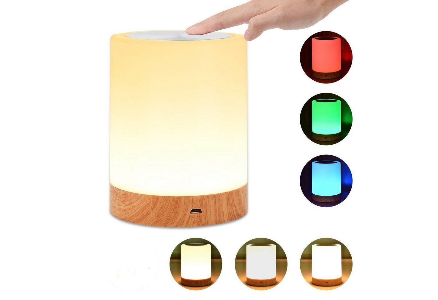 DOPWii LED Nachtlicht LED Nachttischlampe,Tischlampe Touch Dimmbar mit 7 Farben, Zylindrisches Nachtlicht, LED fest integriert, Touch Tischlampe, Dimmbar, LED Nachttischlampe, Holzmaserung,Aufladbar von DOPWii