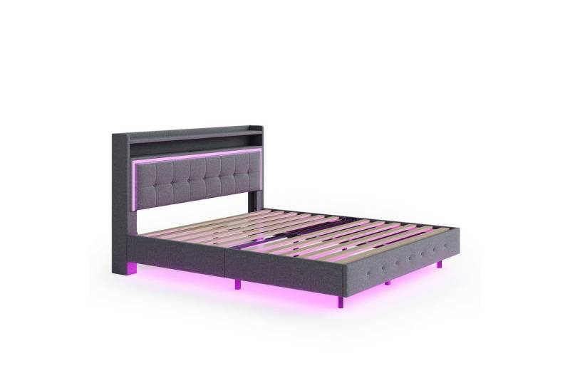 DOPWii Metallbett Bettgestell 140x200 cm, Doppelbett mit LED-Beleuchtung & USB-Steckdose (Metallbettgestell × 1, ohne Matratze und ohne Schubladen), Kopfteil mit Ablage, modernes Design mit verstecktem Fuß von DOPWii