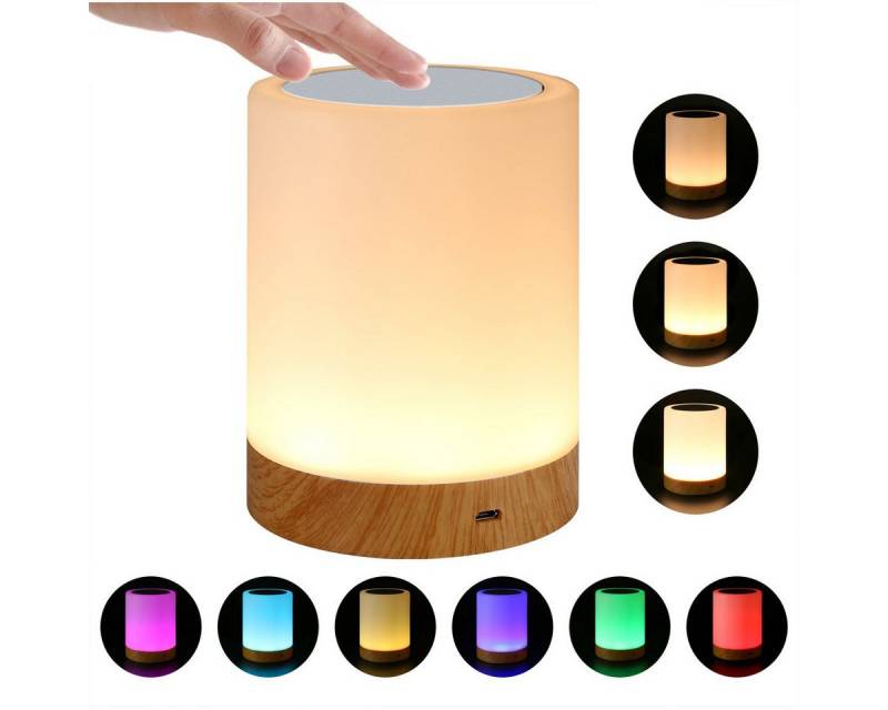 DOPWii Nachtlicht LED Nachttischlampe,Tischlampe Touch Dimmbar mit 7 Farben, LED fest integriert, Touch Tischlampe, Dimmbar, LED Nachttischlampe, Holzmaserung,Aufladbar von DOPWii