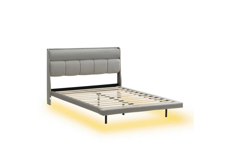 DOPWii Polsterbett 140*200cm,Gepolstertes Bett,Flaches Bett,Schwebendes Bett, Ausgestattet mit menschlichem Sensorlicht,Warm gepolstert,Beige/Grau von DOPWii