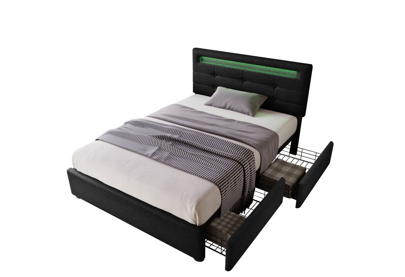 DOPWii Polsterbett 90x200cm Polsterbett mit LED-Beleuchtung,2 Schubladen,Bett,Einzelbett, Inklusive Matratze, Höhenverstellbarem Kopfteil, Lattenrost aus Holz von DOPWii