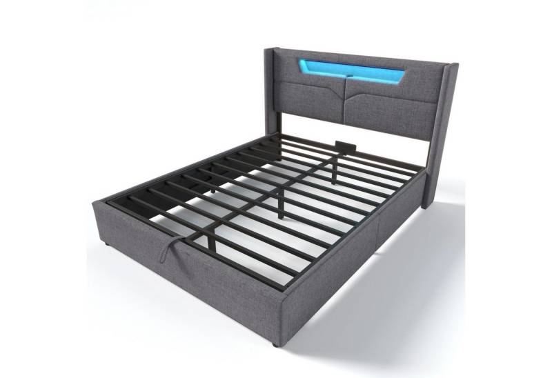 DOPWii Polsterbett Doppelbett,Polsterbett mit USB Typ C Ladefunktion,LED-Licht, Stauraumbett Bettgestell,140x200cm/160×200cm,Ohne Matratze von DOPWii
