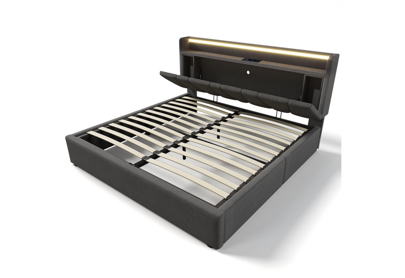 DOPWii Polsterbett Doppelbett mit USB Ladefunktion Kopfteil,LED-Beleuchtung, 160x200cm Stauraumbett Bettgestell,Lattenrost aus Holz,Ohne Matratze von DOPWii