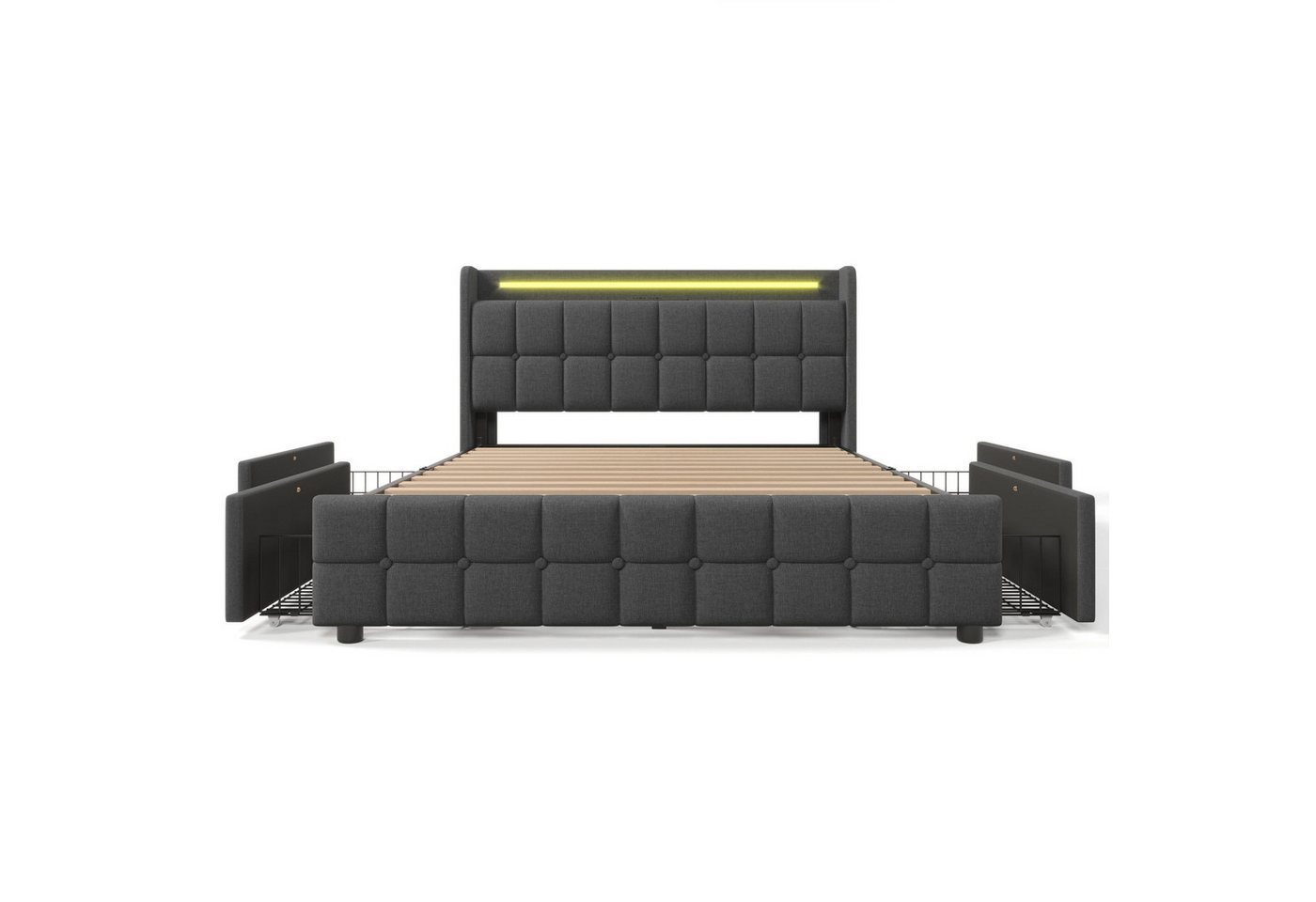 DOPWii Polsterbett Doppelbett mit USB Ladefunktion Kopfteil,LED-Beleuchtung,4 Schubladen, 140x200cm Stauraumbett Bettgestell,Lattenrost aus Holz,Ohne Matratze von DOPWii