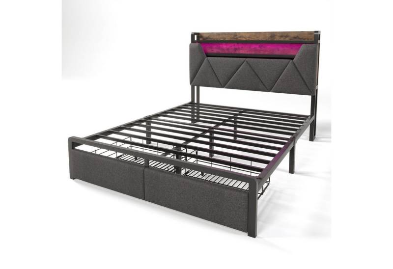 DOPWii Polsterbett Doppelbett mit USB Typ C Ladefunktion,LED-Beleuchtung,Schubladen, 160x200cm Stauraumbett mit Lattenrost aus Metallrahmen,Ohne Matratze von DOPWii